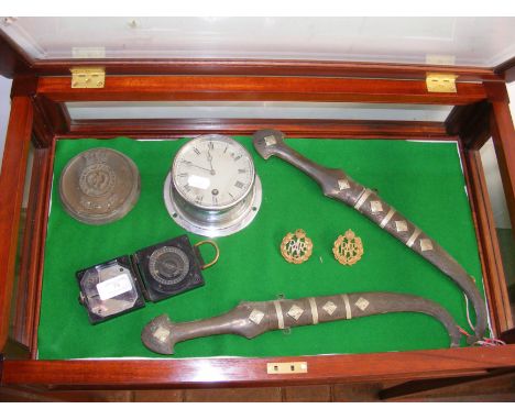 An antique chrome ships bulkhead clock, together with other collectables including magnetic marching compass