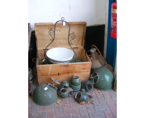 A selection of vintage enamel and other lighting (including wooden box)