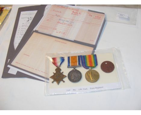 First World War General Service Medals and Dog Tag - pertaining to Pte. J. W. Flack - 3549 - Essex Regiment - with paperwork 