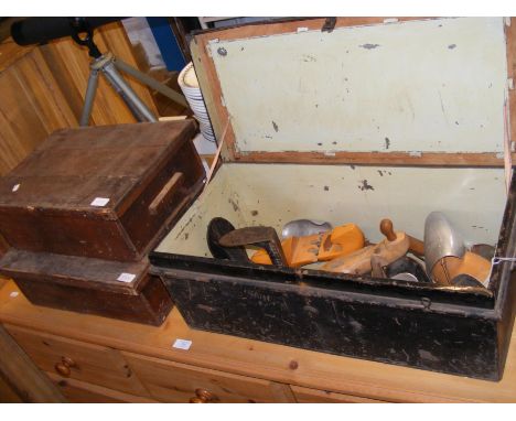 A quantity of vintage shoe lasts and stretchers in Rifle Brigade metal trunk, together with two wooden boxes 