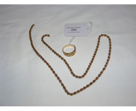 An 18ct gold Greek key design ring, together with 9ct gold rope chain necklace 