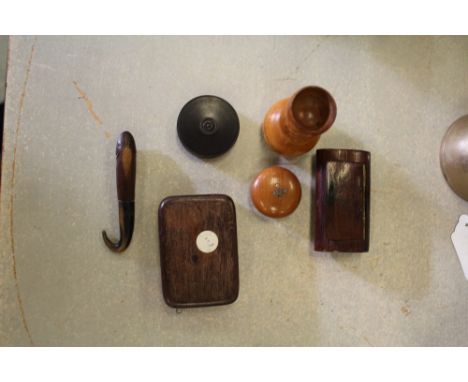 Wood & horn fish form needle holder, snuff box, seal boxes & cased lorgnette