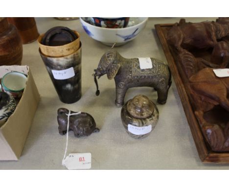 Chinese metal scroll weight, cast metal model of an elephant and a miniature turned stone vessel