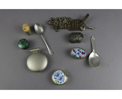 Silver caddy spoon, pill boxes etc