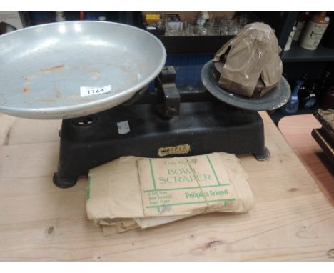 A set of vintage kitchen scales etc