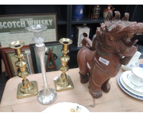 A pair of brass candlesticks, a modern candlestick and a treen Dog of Fo 