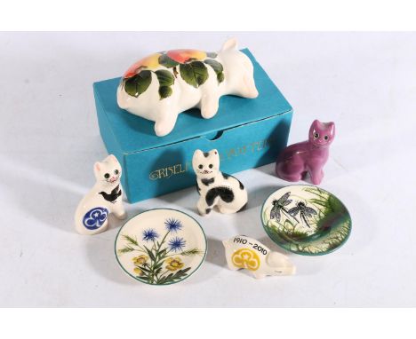Griselda Hill Wemyss Pottery, a paperweight in the form of a pig decorated with apple pattern, 17cm long boxed, three small c