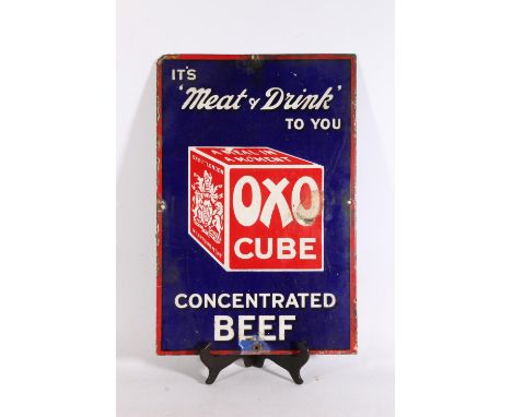 Vintage enamelled metal Oxo Cube Concentrated Beef advertisement wall sign, 47cm x 31cm.&nbsp; 