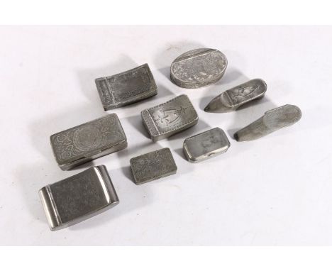 Antique pewter snuff box collection including on in the form of a shoe stamped 'OLDWELL' to the bottom 8.5cm long, another in