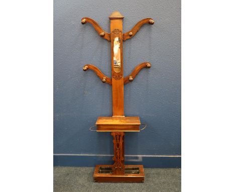 Early 20th century oak hallstand, with four branches, lift-flat glove compartment and stick stand sides, 192cm high. 