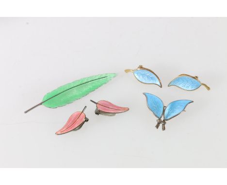 Norwegian silver blue enamel brooch, similar silver gilt clip-on earrings, and a pair of Norwegian silver pink enamel clip-on