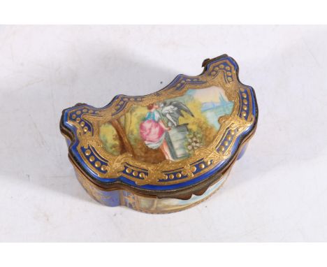 Sevres style French porcelain patch or trinket box, the lid with vignette depicting girl kissing a statue of an angel before 