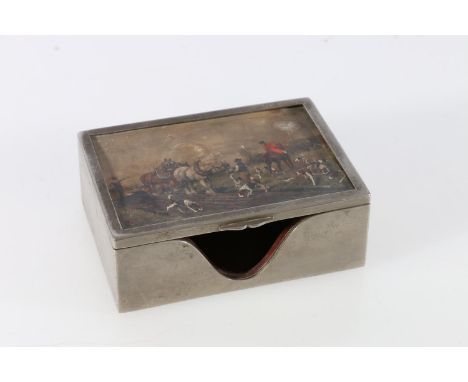 Silver-plated fox hunting scene cigar box after George Wright, with oak lining, 11cm. 