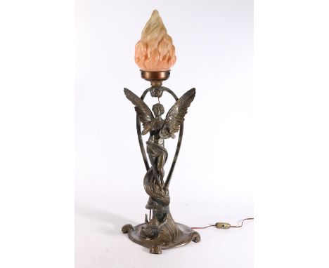 Art Nouveau WMF style cast metal table lamp in the form of an angel holding lyre and boy at his feet having a glass flame sha