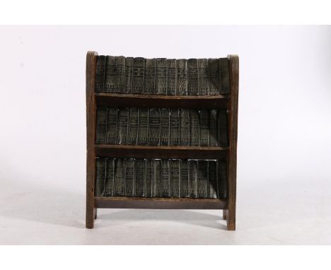 Treen tabletop three shelf bookcase holding forty miniature volumes of Shakespeare published by Allied Newspapers Ltd of Lond