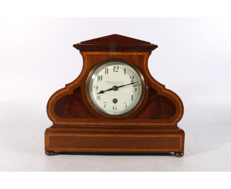Early 20th century mahogany and satinwood inlaid mantel clock, the white enamel dial with Arabic numerals marked for Kemp &am