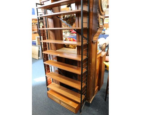 Mid-century teak and metal modular shelving unit, in the manner of Staples Ladderax, 200cm high.  Shelf is 20cm deep by 89cm 