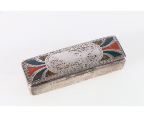 Victorian sterling silver hinged snuff box of rectangular form, inset with Scottish bloodstone and agate, James Fenton, Birmi