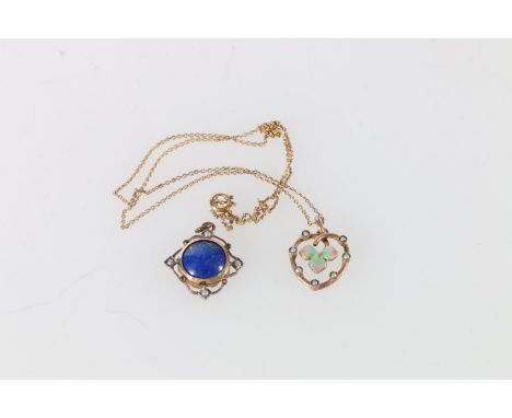 9ct gold pearl set and enamel pendant on gold chain, 2.5g, and a pearl and lapis lazuli set yellow metal pendant, 1.7g. 
