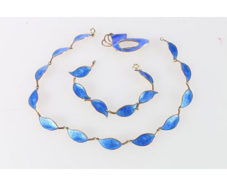 David Anderson of Norway suite of silver and blue enamel jewellery comprising a necklace, a bracelet and a brooch. 