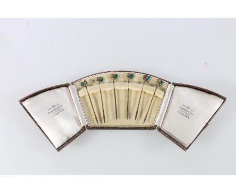 Cased set of six sterling silver Art Deco style cocktail sticks, with enamel cockerel finials, in fitted case, Adie Brothers,