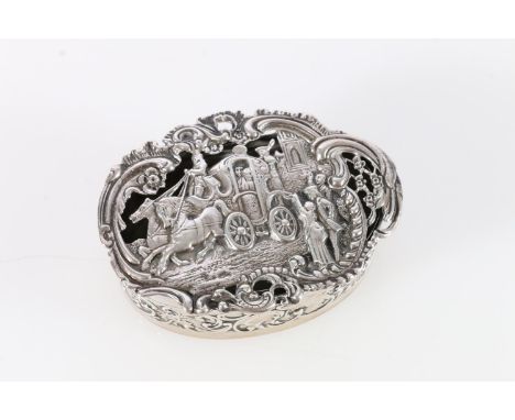 Edwardian sterling silver hinged trinket box, the top decorated with horse and cart scene, William Comyns & Sons, London, 190