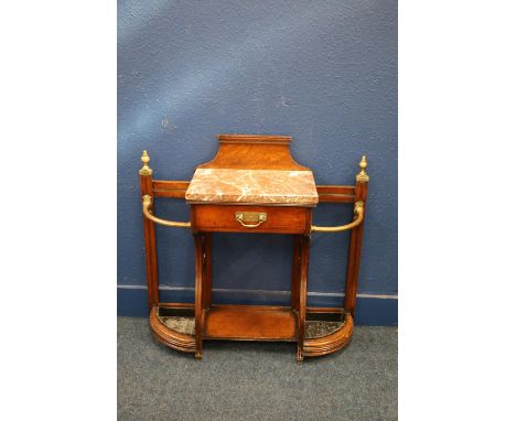 Victorian oak hallstand, having slab marble top, with frieze drawer, flanked by stick stands, 104cm wide. 