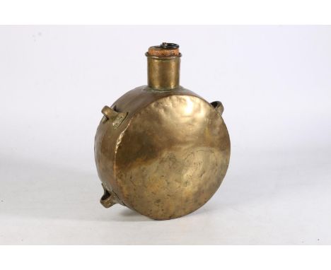 Brass middle eastern pilgrim or saddle flask with fitted oak stopper and four loop handles, 18cm tall. 