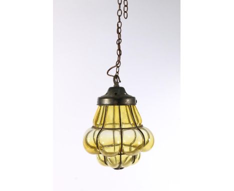 Metal bound green glass pendant ceiling light, 29cm tall.&nbsp; 