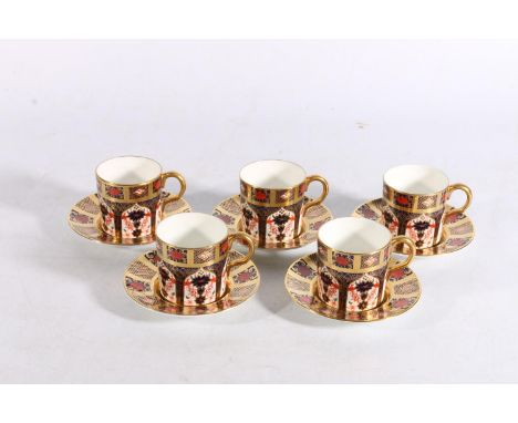 Set of five Royal Crown Derby bone china coffee cans and saucers in the 'Old Imari 1128' pattern.&nbsp; 