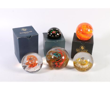 Selkirk Glass, five art glass paperweights including a swirl example by David McGregor dated 2003, Firestar 1990 limited edit