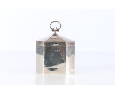 Victorian sterling silver hexagonal tea caddy with loop handle, Sibray, Hall & Co. London, 1895, 96g.  Hallmarks slightly rub