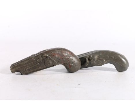 Antique pewter snuff box in the form of a side by side double barrelled flintlock pistol, evidence of cold painting 11cm long