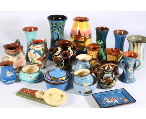 Collection of around sixty pieces of Torquay Ware pottery including a Watcombe Widecombe Fair dish, Longpark udder vase, Dais