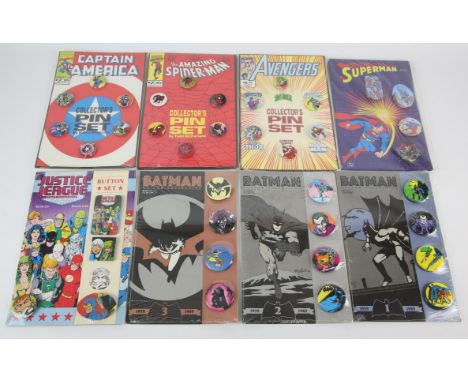 DC and Marvel Comics: Buttons and Collectors Pins Set  a group of eight sets (sealed) includes, 1989 Batman Button Collection