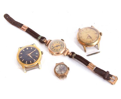 Mixed Lot: two ladies vintage 9ct gold cased wrist watches (one with strap), together with two gents gold plated/stainless st