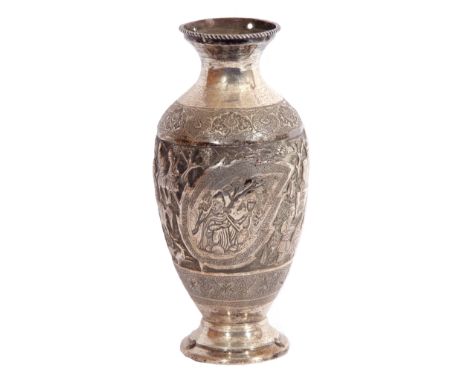 19th century Persian white metal vase heavily chased and embossed with a continuous scene of villagers going about their work