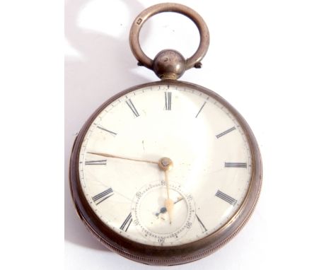 Second quarter of 19th century hallmarked silver cased pocket watch, having gold hands to a white enamelled dial with black R