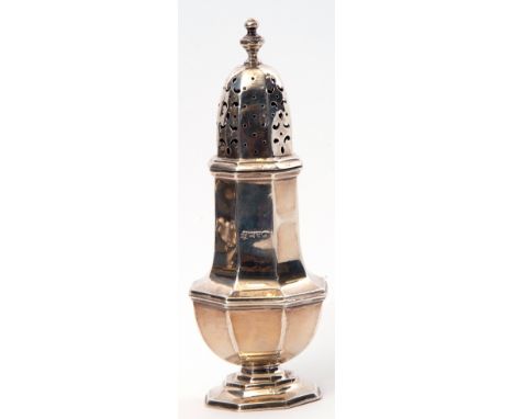 George V baluster caster of octagonal form, the pierced panel top with urn finial, Chester 1912, 17cm tall, 94gms (a/f)