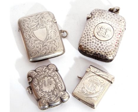 Mixed Lot: four hallmarked silver vesta cases - the first of curved rectangular form with all over spot hammed decoration and
