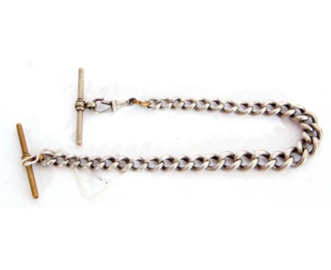 A vintage silver curb link watch chain, suspending two metal t bars, g/w 35gms&nbsp;&nbsp;