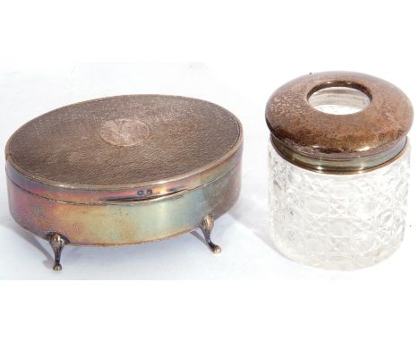 Mixed Lot: George V silver encased ring box, oval shaped with hinged engine turned lid, blue velvet interior supported on fou