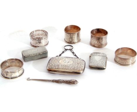 Mixed Lot: five assorted hallmarked napkin rings, a small rectangular snuff box with wriggle work decoration to the lid and b