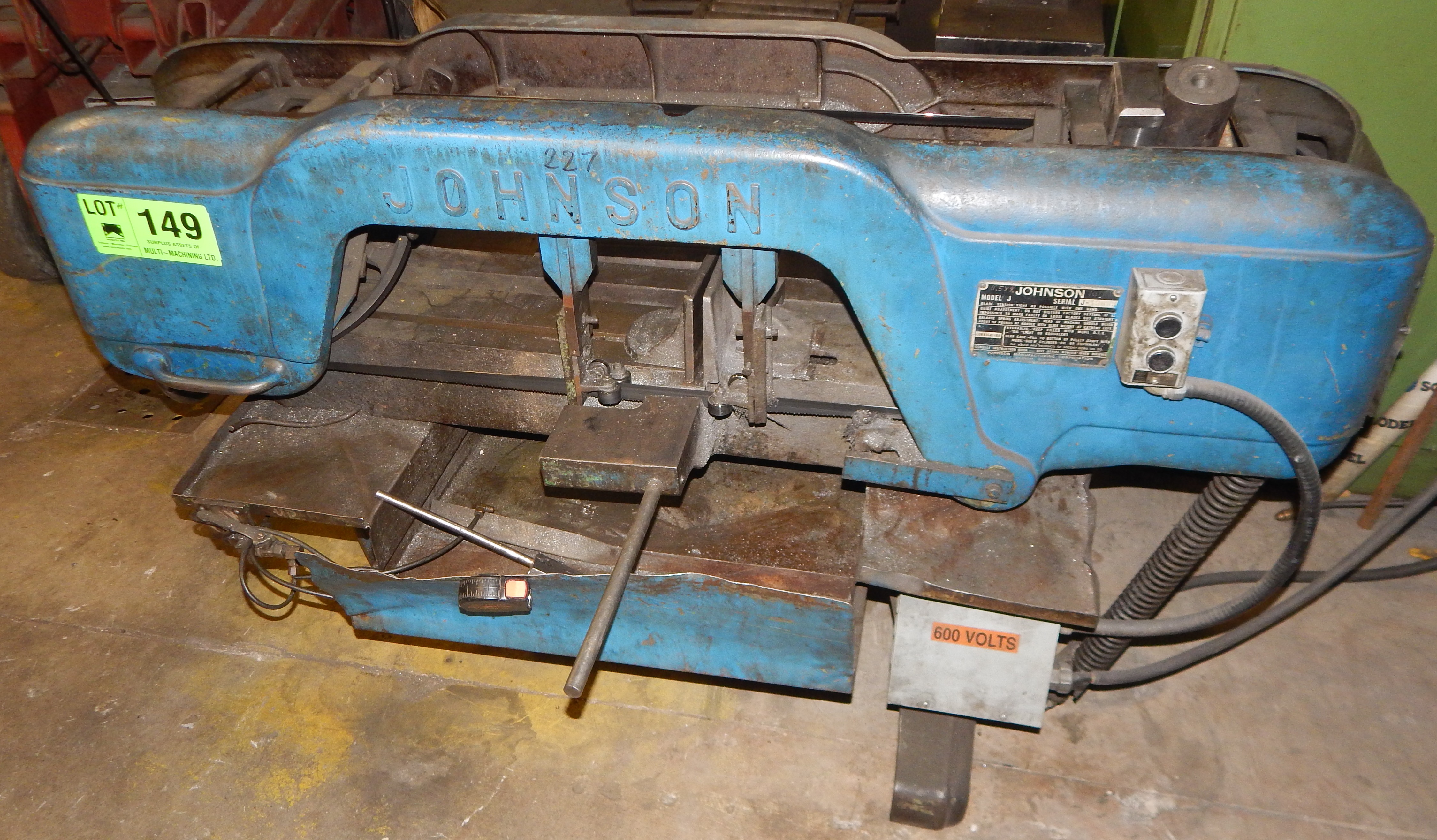 JOHNSON MODEL J AUTOMATIC HORIZONTAL BAND SAW WITH APPROX. 21"X10" CUTTING CAPACITY, S/N J13683