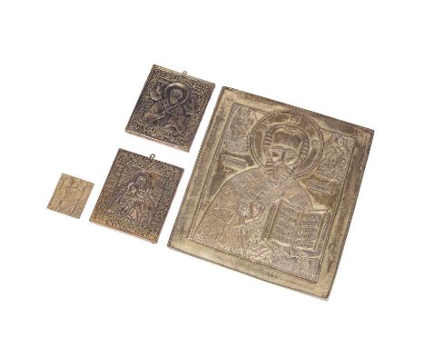 3 METALLIKONEN, Russland 19./Anfang 20. Jh., 1.) Bronzerelief "Heiliger Nikolaus", linksseitig Christus mit dem Evangelienbuc