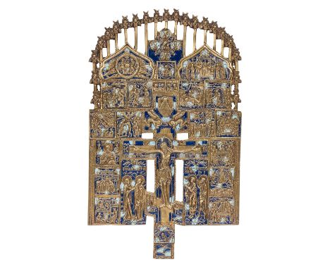 GROSSES, ERWEITERTES HAUSKREUZ, Russland 18. Jh., Bronze reliefiert, part. blau und türkisgrün emailliert, erweitertes Ikonen