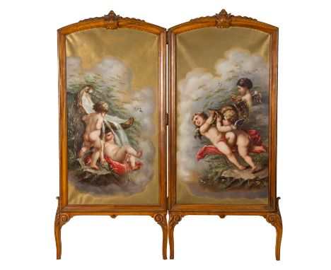 STELLSCHIRM Anfang 20. Jh., zweiteiliger Stellschirm mit je einem Ölgemälde mit Putti, die zwischen Wolken und blühenden Strä