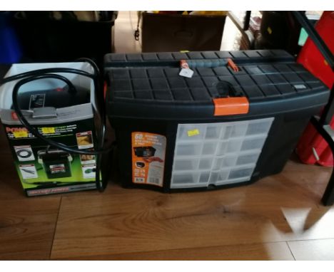A power sprayer, toolbox of hand tools, Bailey plane No. 4, paint brushes, spanner, screwdriver etc