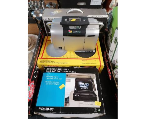 Portable DVD player, Bosch high performance halogen lamp set, a picture mate personal photo lab and a nine eagles combat twis