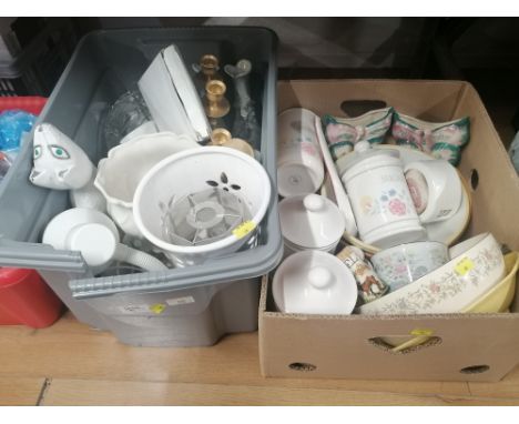 Two boxes of storage jars, vases, glass bowls, ornament, desk lamp etc